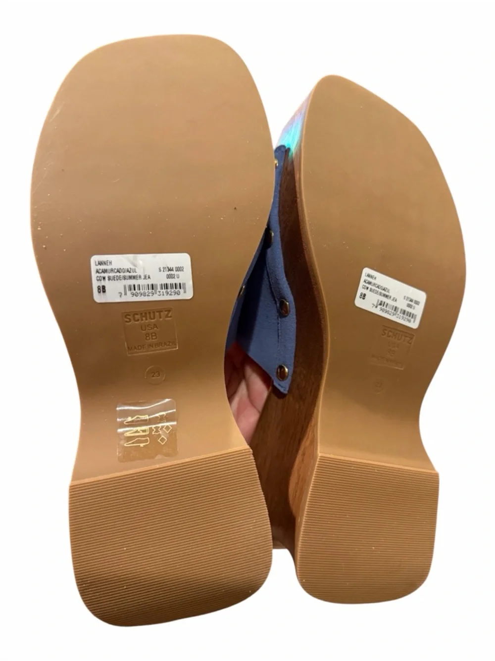SCHUTZ Light Blue Suede Wooden Platform Slide Sandals